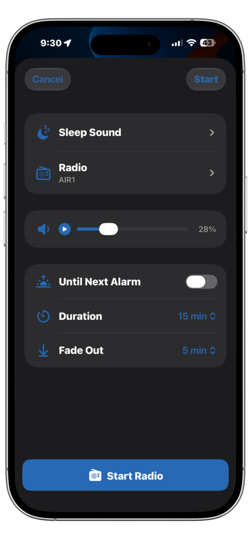 Fall asleep to the radio or a sleep sound