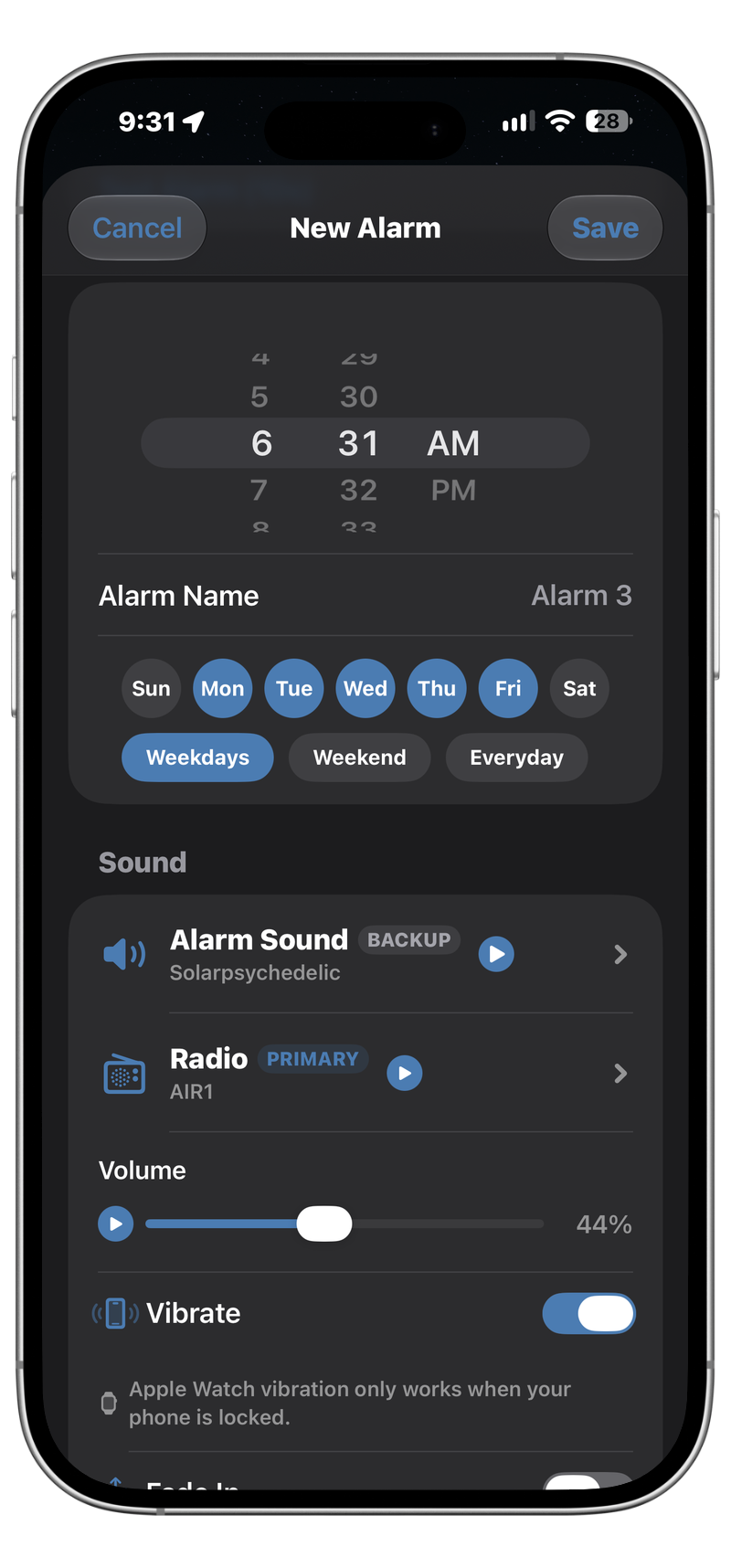 New alarm with a radio station as the primary sound and a backup alarm tone